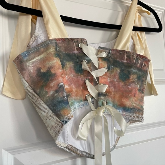 Micas Romantic Baroque Print Women's Corset Top with Ribbon Straps - Picture 7 of 10